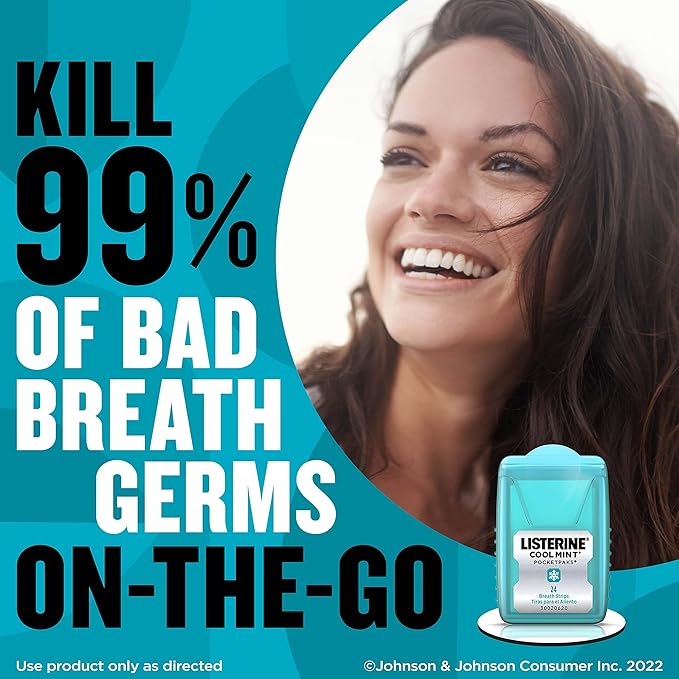 Listerine PocketPaks Cool Mint Breath Strips, Portable Pocket-Sized Oral Care Mouth Freshener, Dissolving Strips Kill 99% of Bad Breath Germs, Sugar Free, 3 x 24-Strip Packs