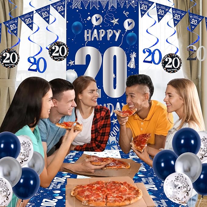 20th Birthday Decorations for Men Boys, Blue Silver Happy 20th Birthday Decorations Boys Girls with Bday Backdrop Banner Balloons Hanging Swirls Triangle Flag, 20 Year Old Party Supplies for Him