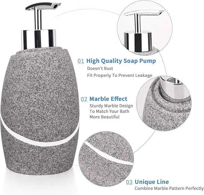 Bathroom Accessory Set,4 Pieces Bathroom Decor Accessories Complete Set Vanity Countertop Accessory Set,Includes Bathroom Soap Dispenser Set,Toothbrush Holder Set,Tumbler,Soap Dish,Grey Granite