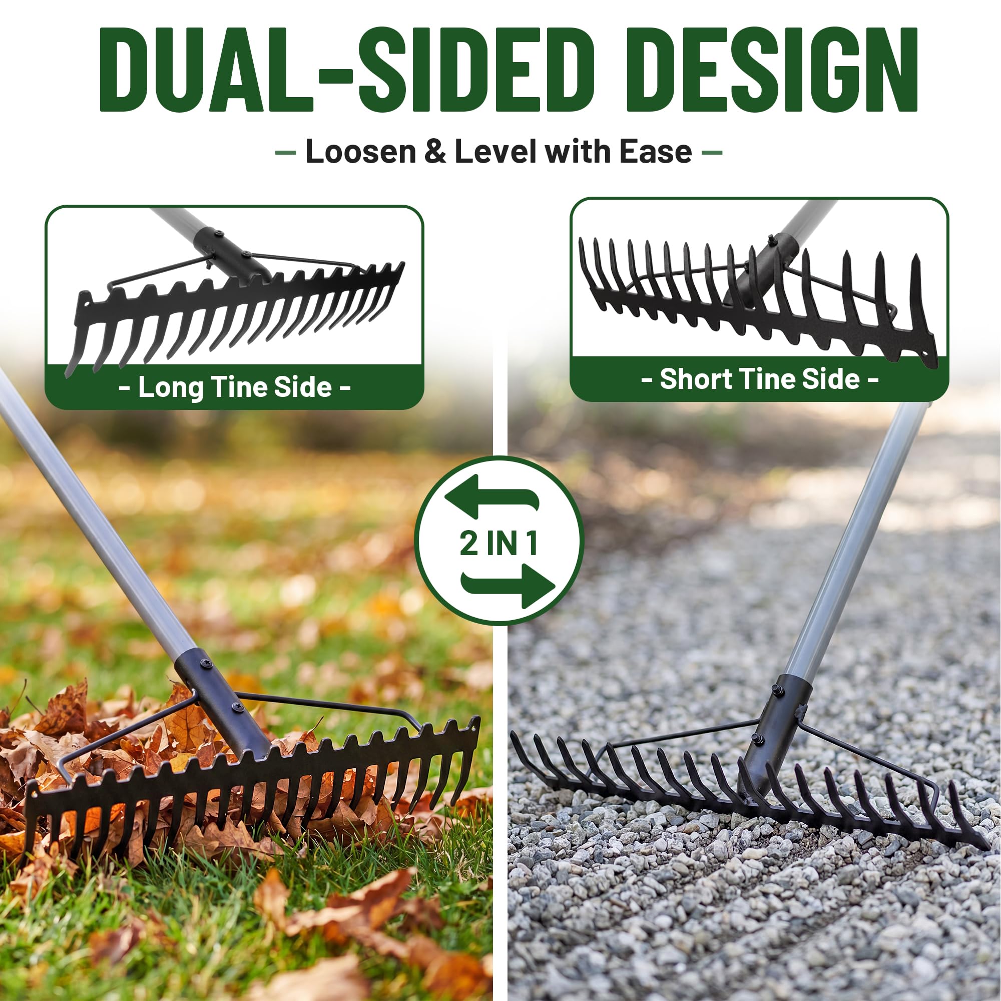 Walensee Heavy Duty Dual-Sided Bow Rake, 63" Stainless Steel Handle, Heat-Treated Manganese Steel Head, 17 Steel Tines Metal Garden Rake for Soil Loosening, Yard Leveling, Lawn Care and Thatch Removal