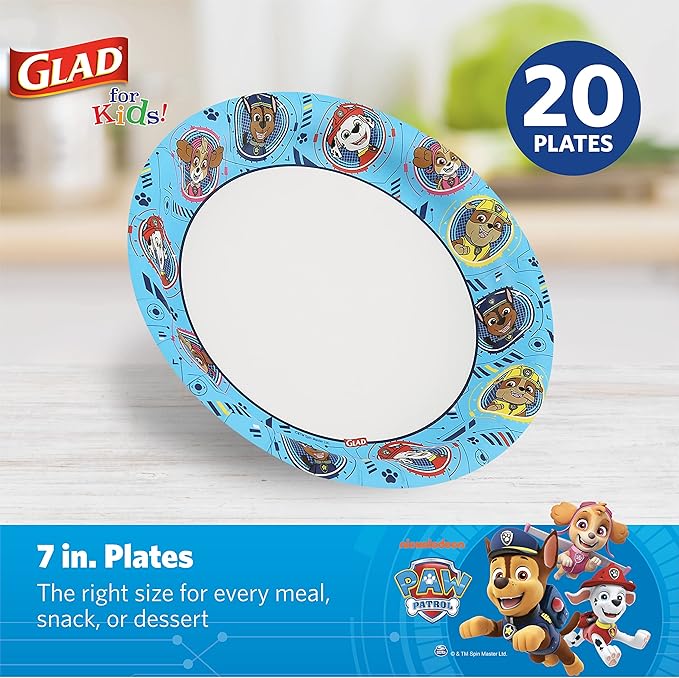 Glad for Kids Paw Patrol Disposable Paper Plates, Heavy Duty Soak Proof Microwavable Kids Plates for Parties, Birthdays, and Everyday Meals, Core Pups Blue, 7 Inch, 20 Count