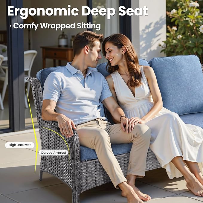 ovios 5 Pieces Patio Furniture Set with 42" Fire Pit Table, Outdoor Wicker Sofa with Loveseat, Comfy Cushions, High Back Couch Conversation Set, Grey Rattan, Denim Blue