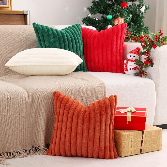 Pallene Faux Fur Plush Christmas Throw Pillow Covers 18x18 Set of 2, Luxury Soft Fluffy Striped Decorative Pillow Covers for Sofa, Couch, Living Room, Red