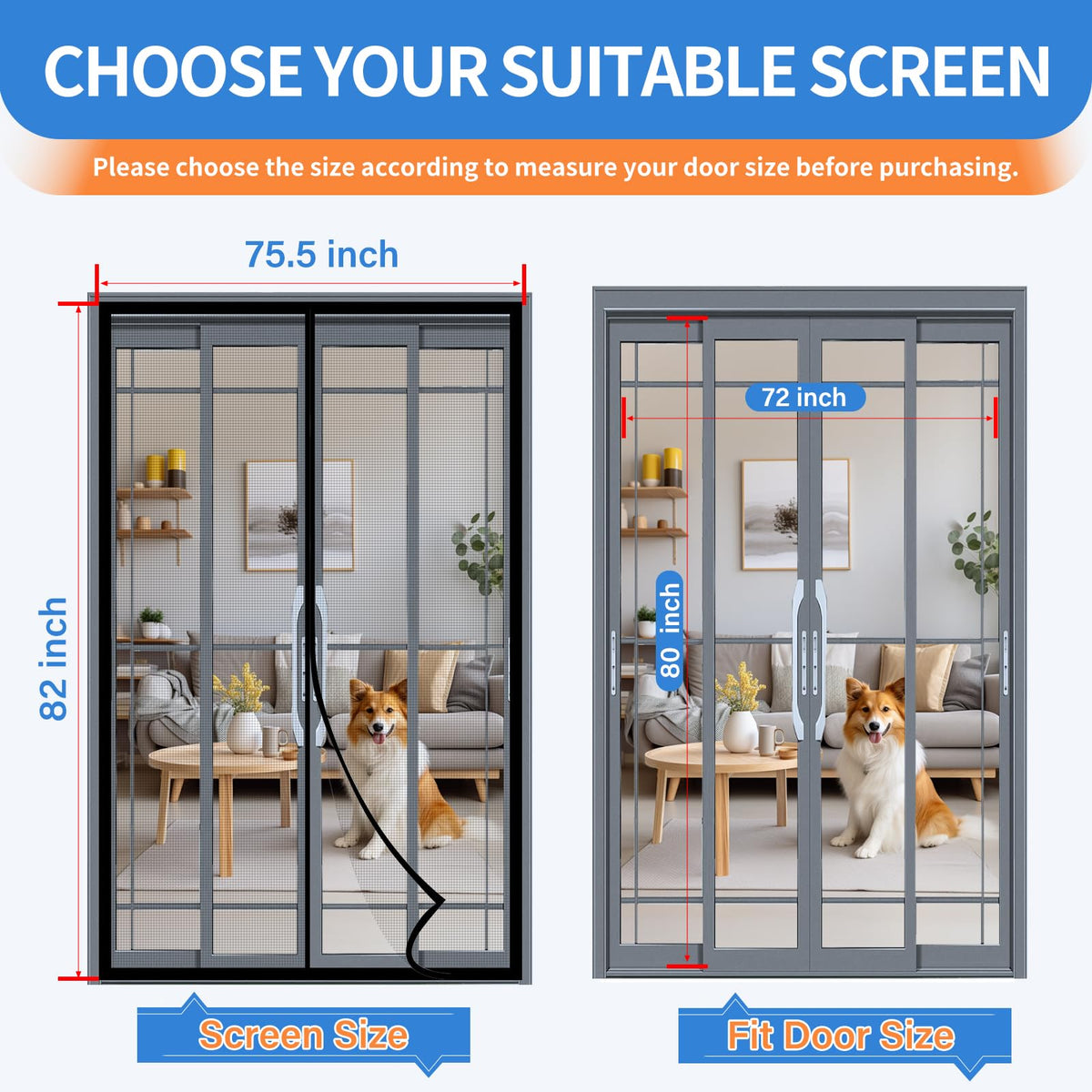 LONGEAS Upgraded PET Mesh Magnetic Screen Door Stronger Than Fiberglass and Polyester,Hands Free,Keep Bugs Out,Pet & Kid Friendly,Suitable for Sliding Doors,Patio and French Doors-72" X 80"
