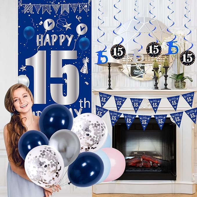 15th Birthday Decorations for Boys Girls, Blue Silver 15th Birthday Decorations Backdrop Banner, Happy 15th Birthday Tablecloth, Number 15 Hanging Swirls, Triangle Flag, 15 Years Old Party Supplies