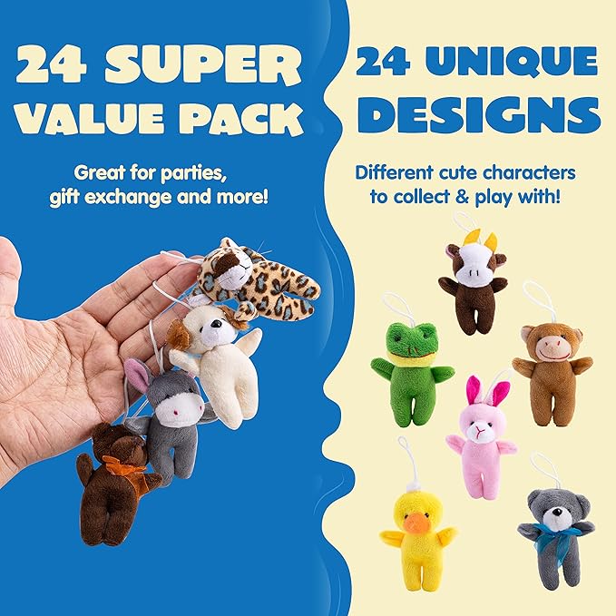 JOYIN 24 Pcs Mini Animal Plush Toys (24 Units 3" Each), Stuffed Animal Bulk for Kids Birthday Party Favors, Presents, Pinata Fillers, Goodie Bag Fillers, School Prizes, Carnival Treasure Box Toys