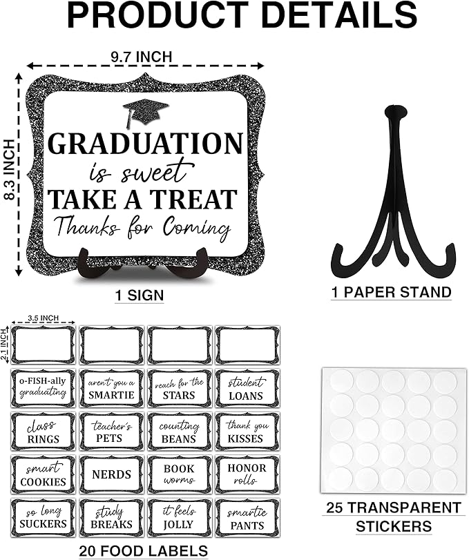 20PCS Graduation Candy Buffet Labels, 1 Black Glitter Candy Buffet Table Sign with Stand, Catering Supplies Display for Graduation Decorations Class of 2026 -A02