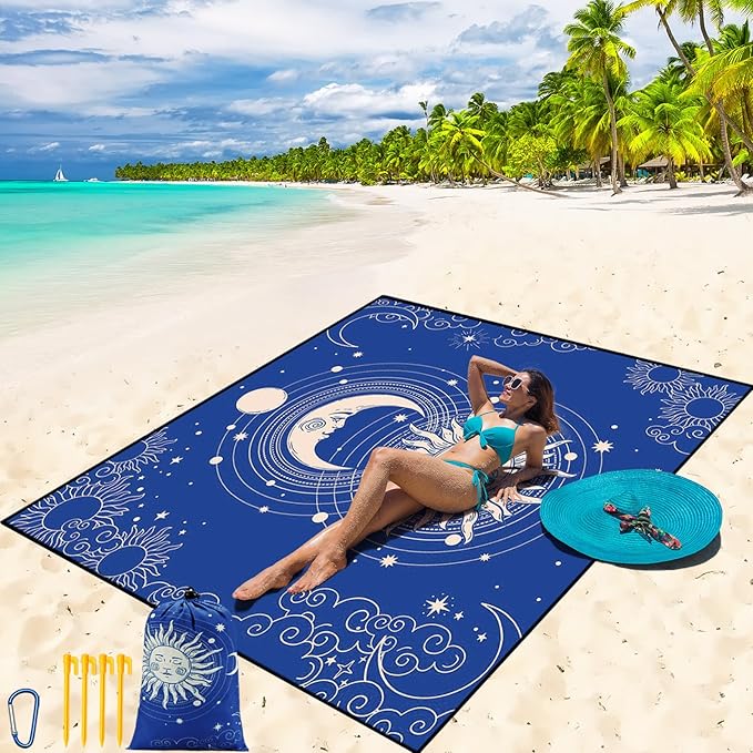 WIWIGO Beach Blanket Waterproof Sandproof Beach Mat 79" X 83"/10'x9'for 2-8 Adults Quick Drying Outdoor Picnic Mat Beach Accessories for Travel, Camping, Hiking