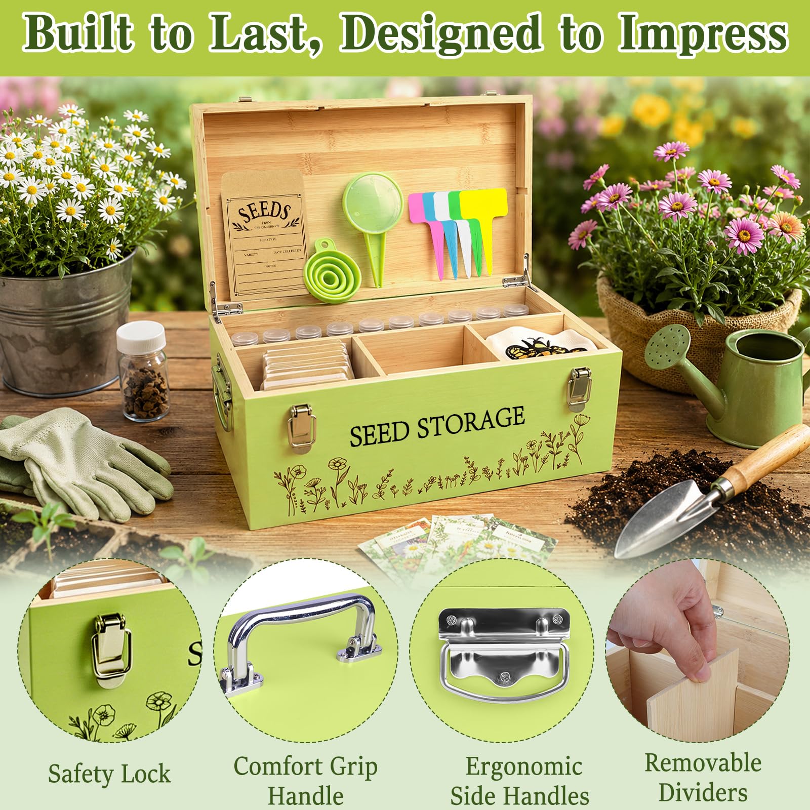 Fayoo Wooden Seed Storage Organizer Box with 40 Seed Vials & 20 Envelopes, Rustic Seed Saving Kit for Vegetable, Flower Seeds, Decorative Garden Seed Storage Container, Gardening Gifts for Women