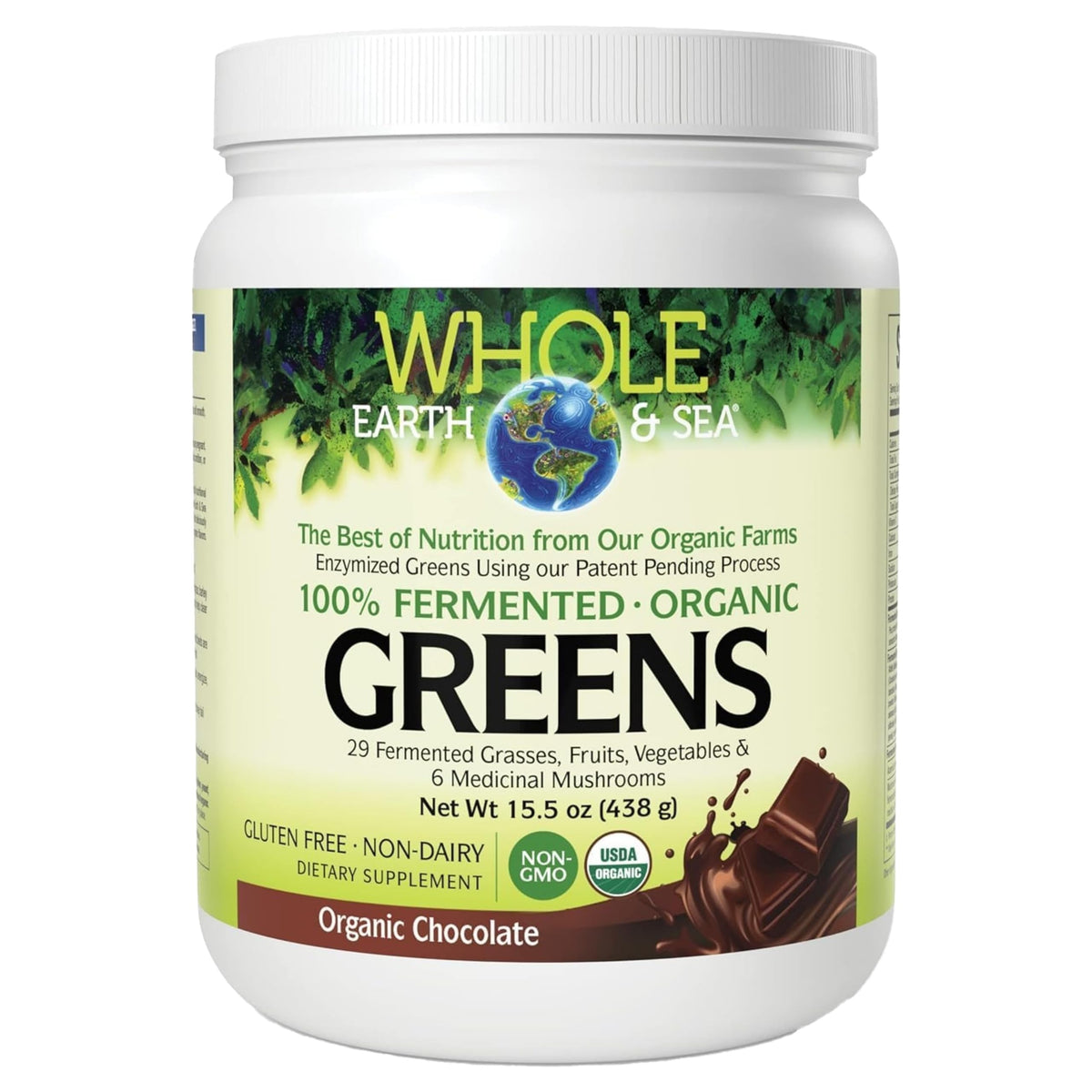 Whole Earth & Sea from Natural Factors, Organic Fermented Greens, Vegan Whole Food Supplement, Chocolate, 15.5 Oz