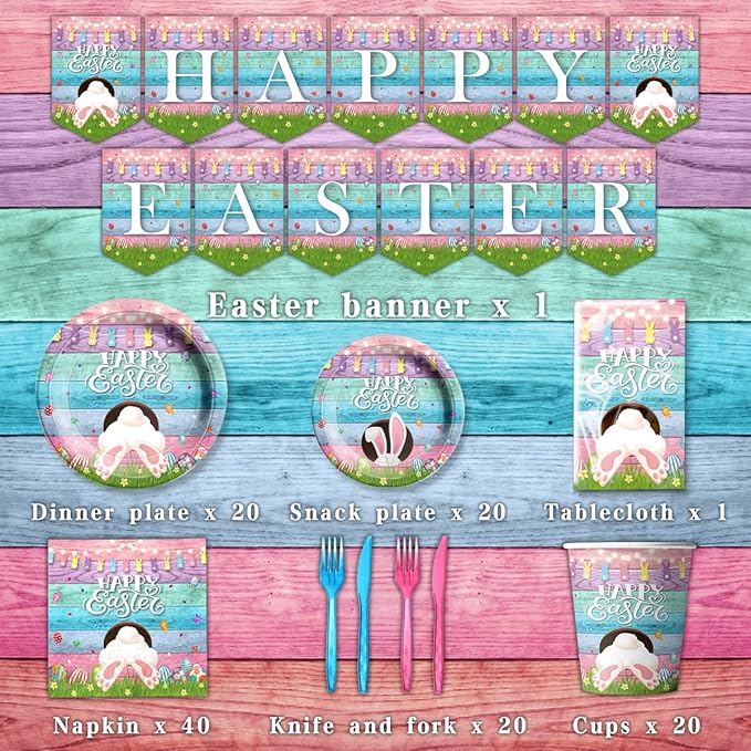 Easter Party Supplies-Happy Easter Tableware,142pcs Easter Plates and Napkins Bunny Plates Easter Tablecloth for Colorful Spring Easter Party (Tableware)