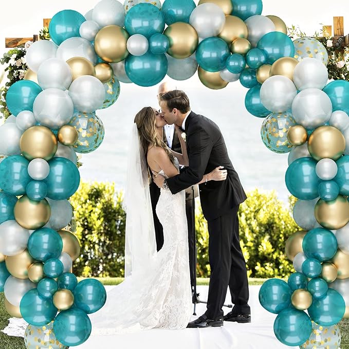 Matte Turquoise Blue Pearl White Balloons Garland Arch Kit Metallic Gold Balloon with Gold Confetti Latex Balloon Teal Blue Balloons Chrome Gold Party Decorations Supplies Birthday Baby Shower