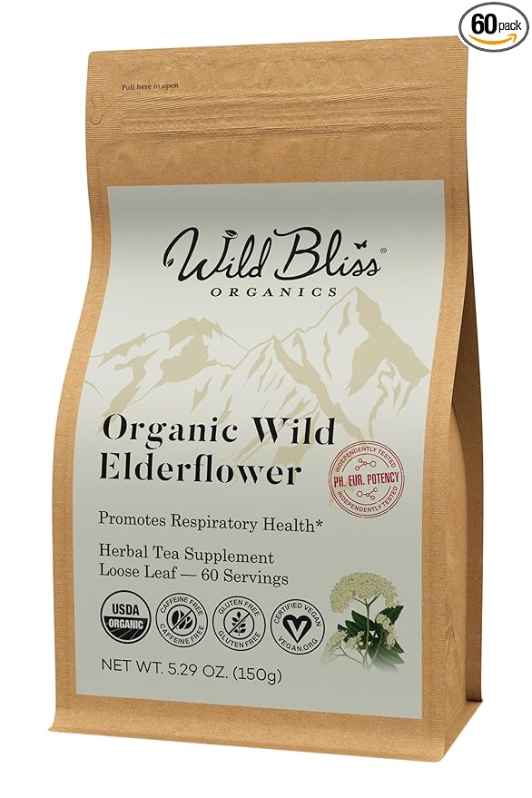 Wild Bliss Organic Elderflower Tea – Immune and Respiratory Support - Caffeine Free Loose Leaf Elder Flowers - 5.29 Ounces - 60 Servings