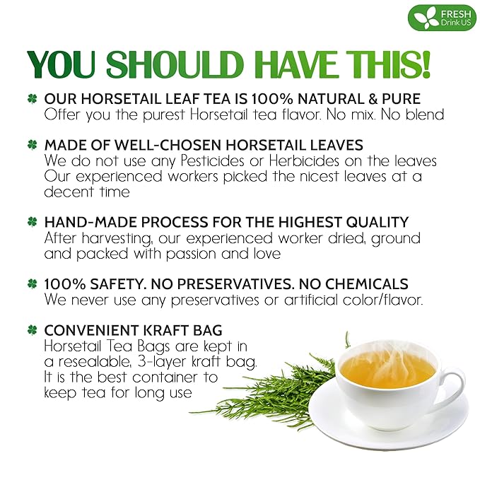 FreshDrinkUS, Premium 75 Horsetail Leaf Tea Bags, 100% Natural & Pure from Horsetail Loose Leaves Herbal Tea. Made with Natural Material Tea Bags. No Sugar, No Caffeine, No Gluten, Vegan.