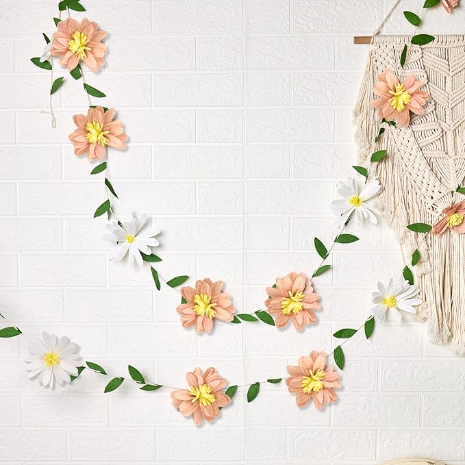 2PCS Paper Flower Garland, Paper Leaves Banner Vine Flowers with Green Leaves Crepe Floral Garland Decorations for Wall Anniversary Wedding Birthday Arch Decor (8.2ft)