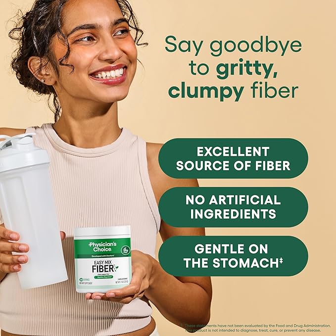Physician's CHOICE Easy Mix Fiber for Digestive Health & Regularity - No Grit, Sugar Free, & Tasteless - Daily Prebiotic Soluble Fiber Powder Supplement for Women and Men - Unflavored - 7.1oz