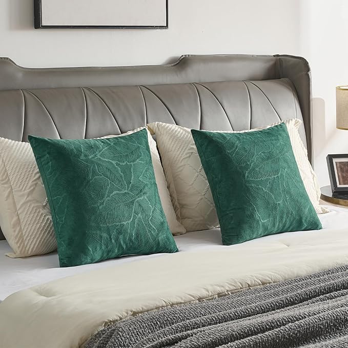 FUTEI Christmas Dark Green Velvet Throw Pillow Covers 26x26 Inch Set of 2,Soft Embossed Leaf-Relief Textured Euro Pillow Shams,Natural Home Decor for Couch Living Room