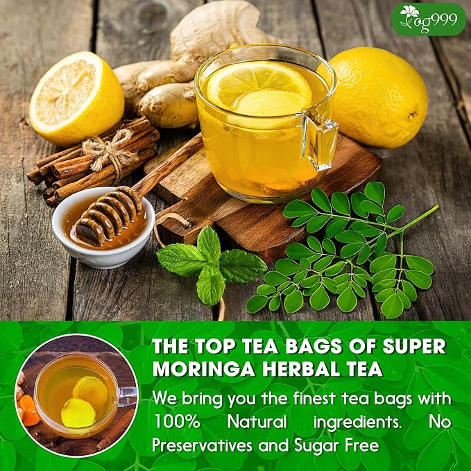 TOG999, Premium 20 Tea bags Super Moringa Herbal Tea, Special Blend of Moringa Leaves, Spearmint Leaves, Ginger, Lemon Peel and Chamomile. No Sugar, No Caffeine, No Gluten, Vegan.