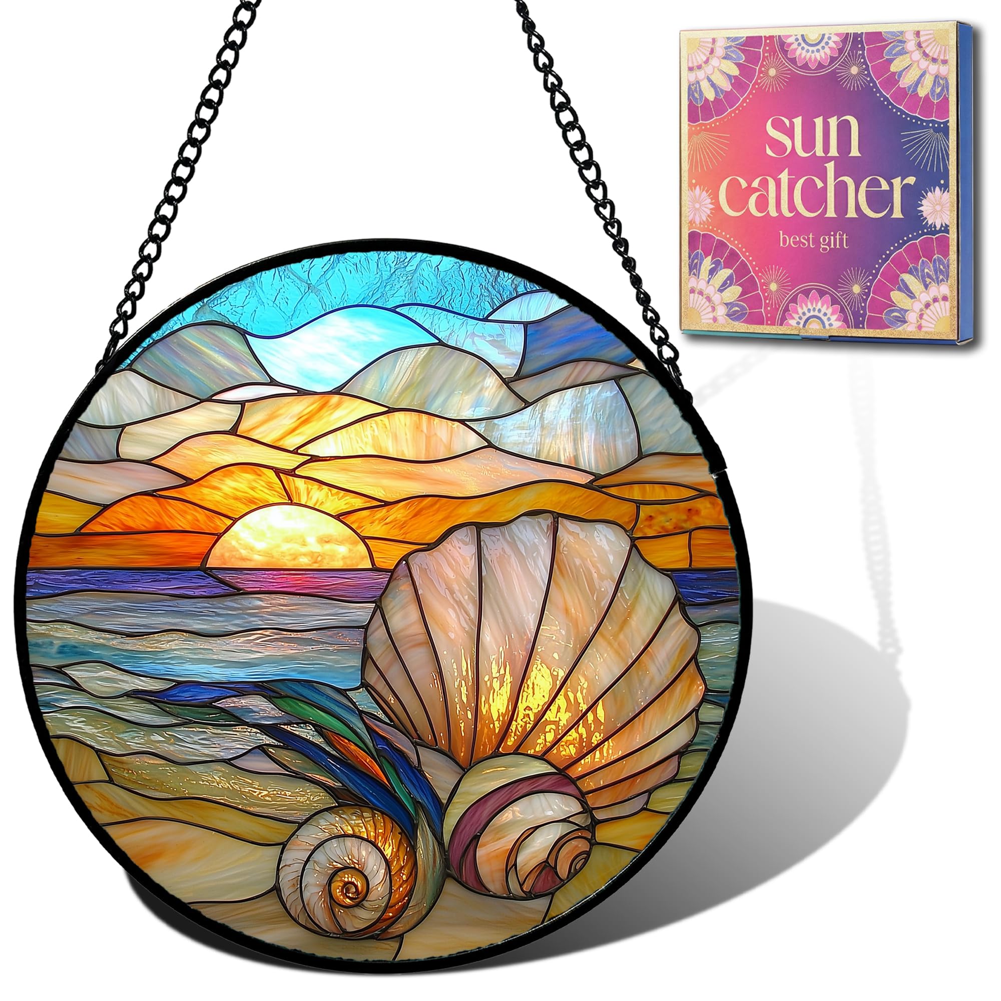 Birthday Gifts for Women - Beach Shell Faux Stained Glass Window Hanging Sun Catcher for Door Garden Acrylic Ocean Decor Mother's Day Christmas for Mom Men Nana Grandma Sisters 6.3"