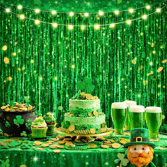 jijAcraft 3 Pack Metallic Green Tinsel Foil Fringe Curtain, Jungle Party Decorations, Emerald Green Party Photo Backdrop for St Patrick's Day Dinosaur Party Graduation Christmas Garden Party Decor