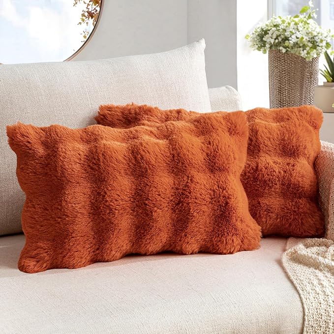 MIULEE Faux Fur Pillow Covers Thick Soft Plush Lumbar Throw Pillows Luxury Home Decor for Fall Couch Bed Bedroom Living Room Sofa,12x20 Inch Pack of 2 Rust