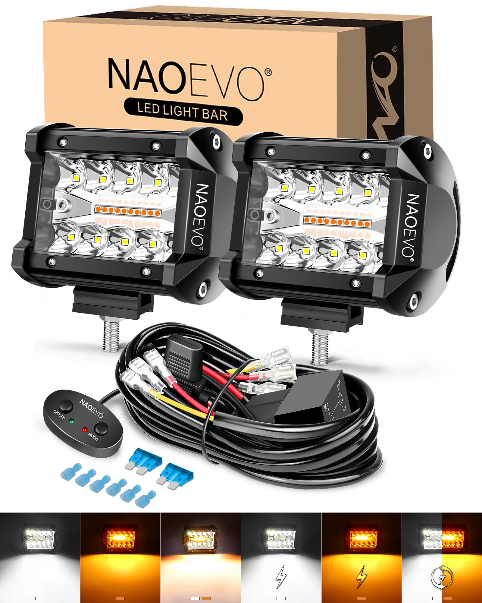NAOEVO 4 Inch LED Pod Lights, White Amber LED Fog/Driving/Offroad Lights Strobe/Memory Mode and 2 Leads Wiring Harness, Cube Pod