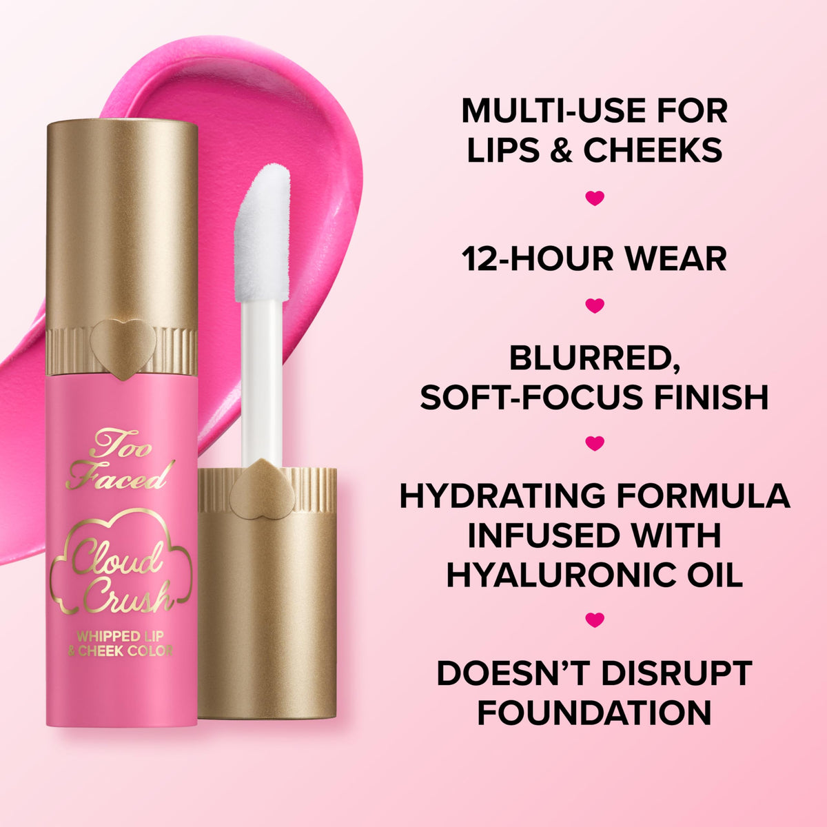 Too Faced Cloud Crush Whipped Lip & Cheek | Creamy Multi-Use Formula with Hyaluronic Oil for a Soft-Focus Longwear Flush, 0.15 Fl Oz, Candy Clouds