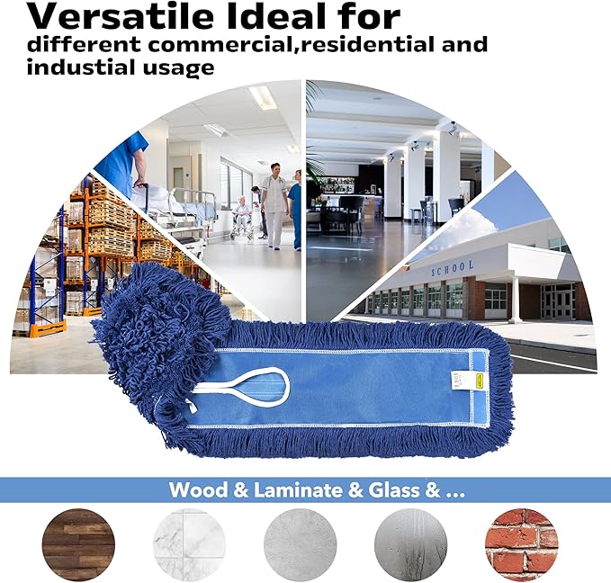 Matthew Cleaning 24'' Industrial Strength Cotton Dust Mop Refill Washable Replacement Heads for Residential & Commercial Use Fit Standard Dust Mop Frames, Hardwood, Laminate, Concrete Floors 6 Pack