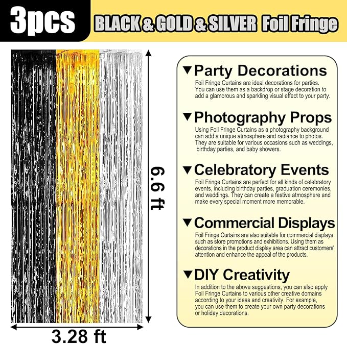 3 Pack Black Gold Silver Foil Fringe Curtain Backdrop, 3.28Ft x 6.6Ft Metallic Tinsel Foil Fringe Streamer Curtains for Photo Booth, Christmas Day, Thanksgiving, Wedding, New Year Party Decorations