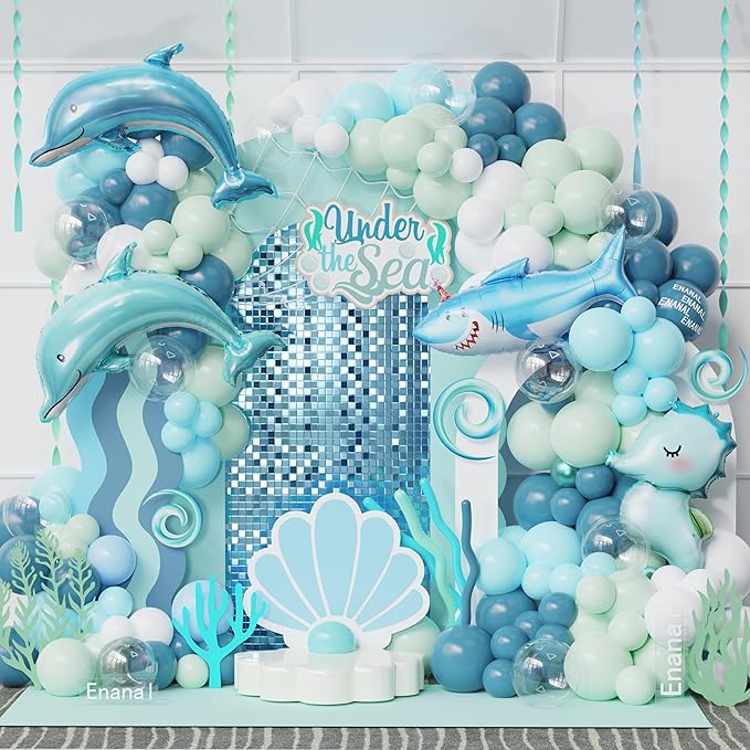 Under the Sea Party Decorations, 154pcs Slate Blue Mist Green Balloon Garland Arch Kit, Bubble Balloons with Dolphin Shark Hippocampus Foil Balloon for Ocean Birthday Party Supplies Shark Party Decor