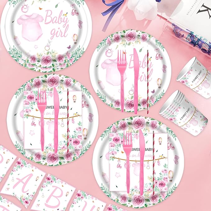 Pink Baby Girl Shower Party Supplies Tableware Sets,Includes Disposable Plates, Napkins, Cups,Straws,Cutlery, Balloons, Banner, and Tablecloth for Party Baby Shower Birthday Decorations,Serves 20