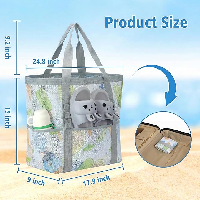 Mesh Beach Bags for Family - Women Beach Tote Bag for Toys, Towels, Travel Vacation Cruise Essentials