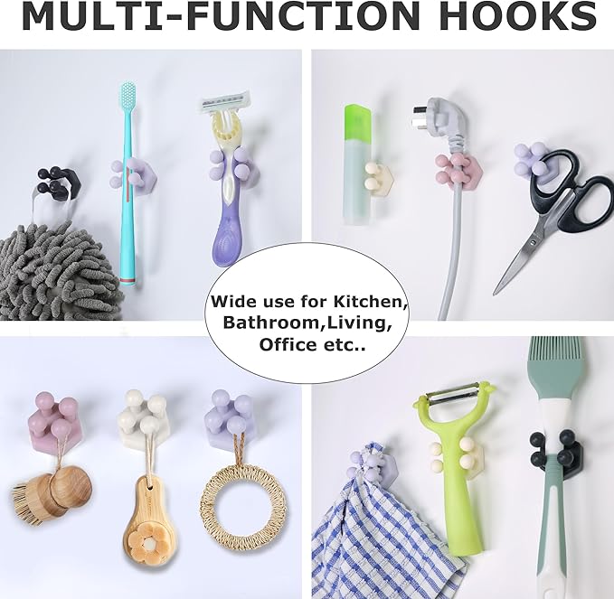 Silicone Toothbrush Holders for Bathroom - Adhesive Shower Toothbrush Holder Wall Mounted, Multi-Function Hook Waterproof Razor Holder Single Hook, Utility Plug Holder for Kitchen Living Room Office