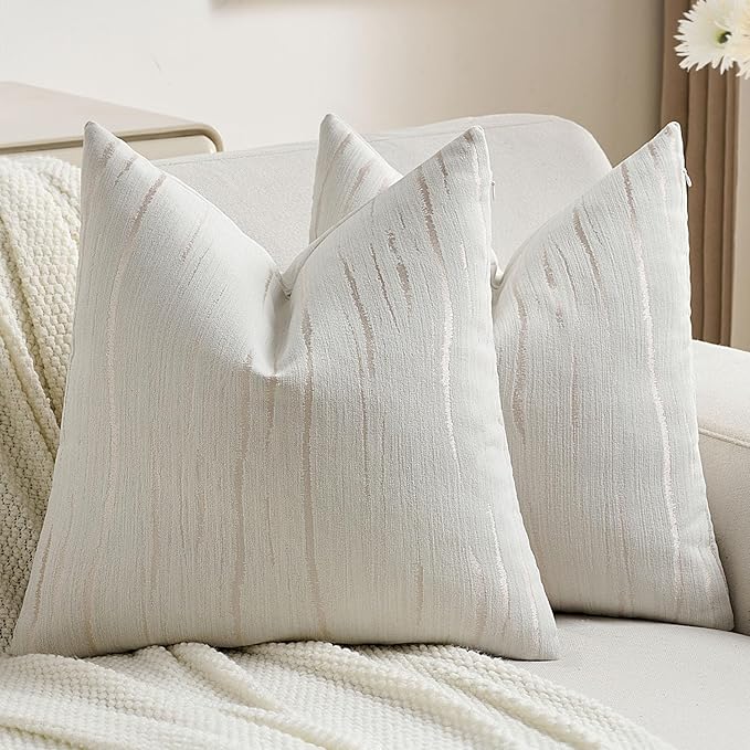 FUTEI Cream Chenille Decorative Throw Pillow Covers 16x16 Inch Set of 2,Soft Embossed Striped Textured Cushion Case,Modern Home Decor for Couch Bed Living Room