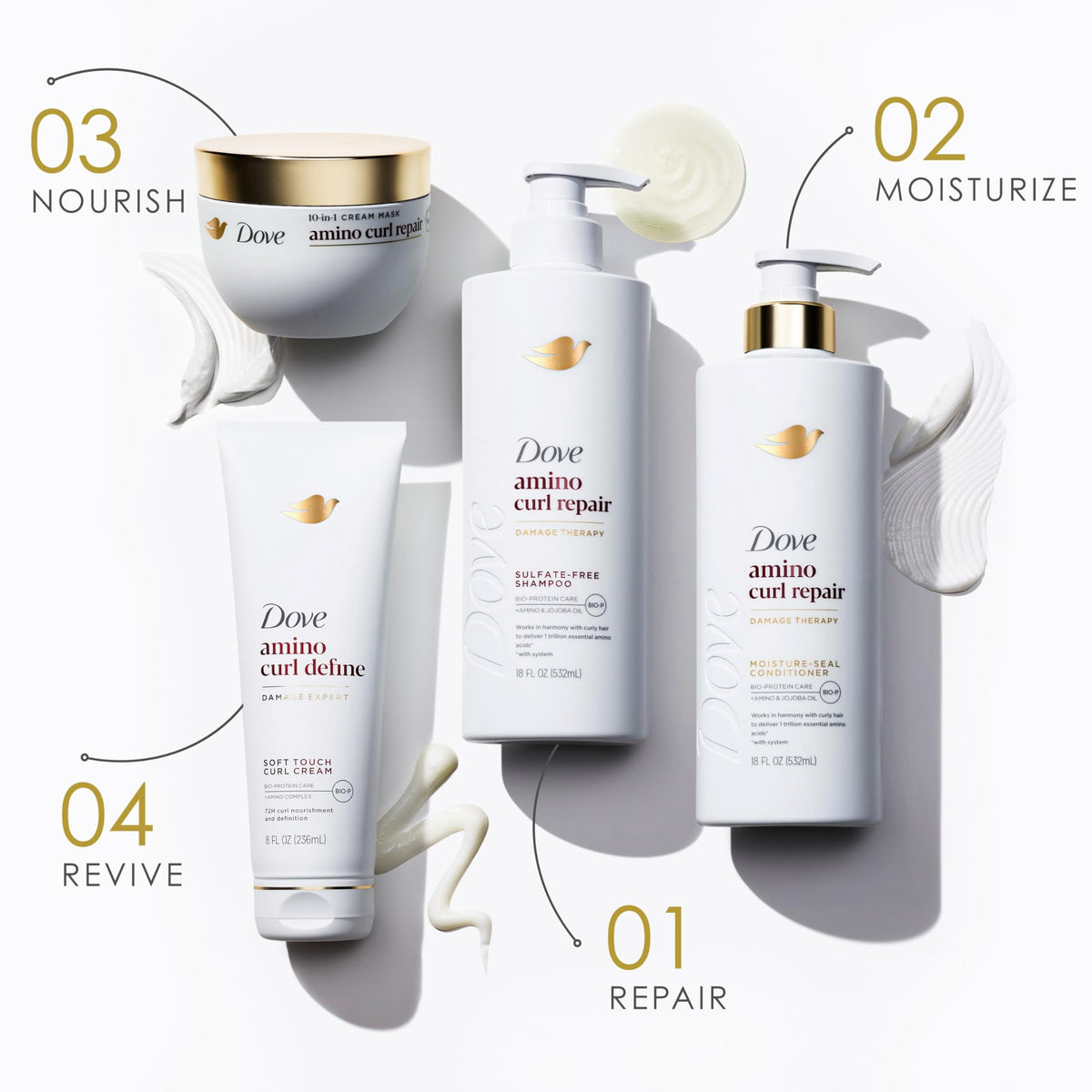 Dove Shampoo, Conditioner, & Mask Amino Curl Regimen Pack 4 Pk for Curly, Coily Hair with Bio-Protein Care Technology + Amino & Jojoba Oil