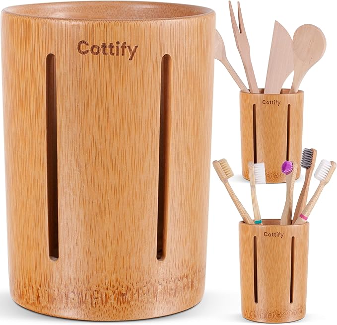 Cottify Bamboo Toothbrush Holder with Drainage, Quick Drying Bathroom Cup Holder, Toothpaste Holder, Wood Toothbrush Drainer, Stripes Glossy