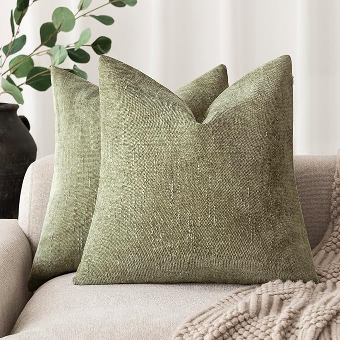 Foindtower Pack of 2 Soft Textured Chenille Throw Decorative Pillow Covers Square Accent Solid Cushion Cover Cozy Neutral Farmhouse Pillow Case for Couch Sofa Bedroom Living Room 18x18 Inch,Sage Green