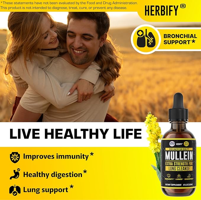 HERBIFY Mullein Drops - Lung Cleanse - Leaf Extract - Powerful Mullein for Immune Support,Detox & Respiratory Support - Made in USA - Lung Cleanse for Smokers - 4 Oz