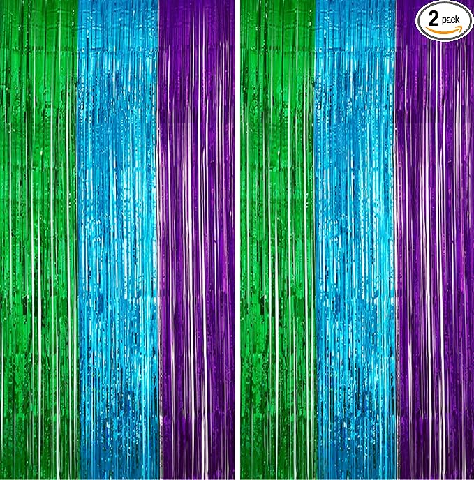 2 Pack 3.3ft×6.6ft Green Blue Purple Tinsel Foil Fringe Under the Sea Ocean Backdrop Door Streamers Baby Shower Bachelorette Birthday Graduation Mermaid Video Game New Year Party Decorations