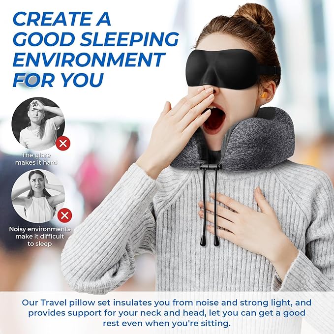 ExploreBliss Travel Pillow, Travel Pillows for Sleeping Airplane, Removable Cover Neck Pillow with Adjustable Clasp, Memory Foam Neck Pillow Set with Eye Mask, Earplugs and Storage Bag (Dark Grey)