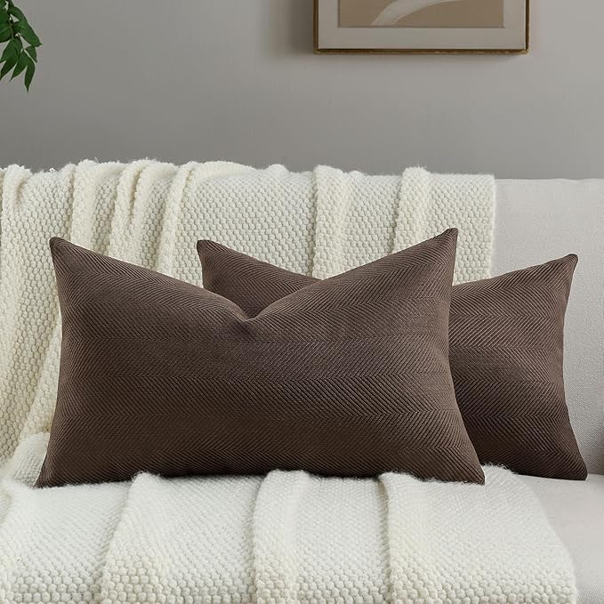 FUTEI Dark Coffee Chenille Throw Pillow Covers 12x20 Inch Set of 2,Soft Wide Chevron Textured Lumbar Pillow Cases,Farmhouse Home Decor for Couch Bed Living Room
