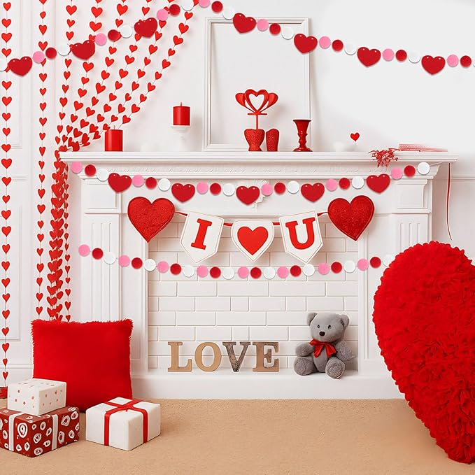 4 Pcs 26.3 Feet Valentine's Day Felt Ball Garland with Red Heart, Red Pink White Pom Pom Garlands Romantic Hanging Decorations for Valentine’s Day Wedding Anniversary Home Wall Decor