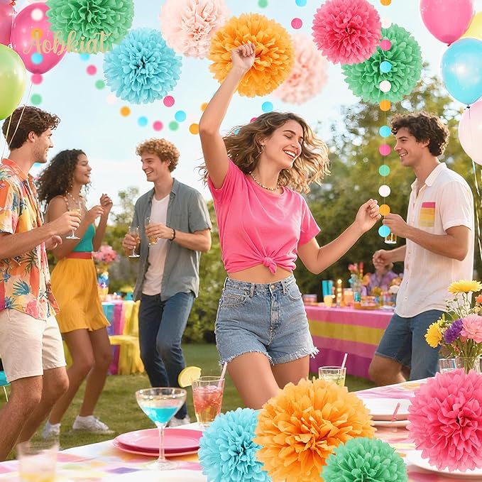 AOBKIAT Rainbow Birthday Decorations for Girls Women,15PCS Colorful Tissue Paper Pom Poms,Paper Garland String,for Candyland Theme Baby Shower Wedding Fiesta Party Hanging Backdrop