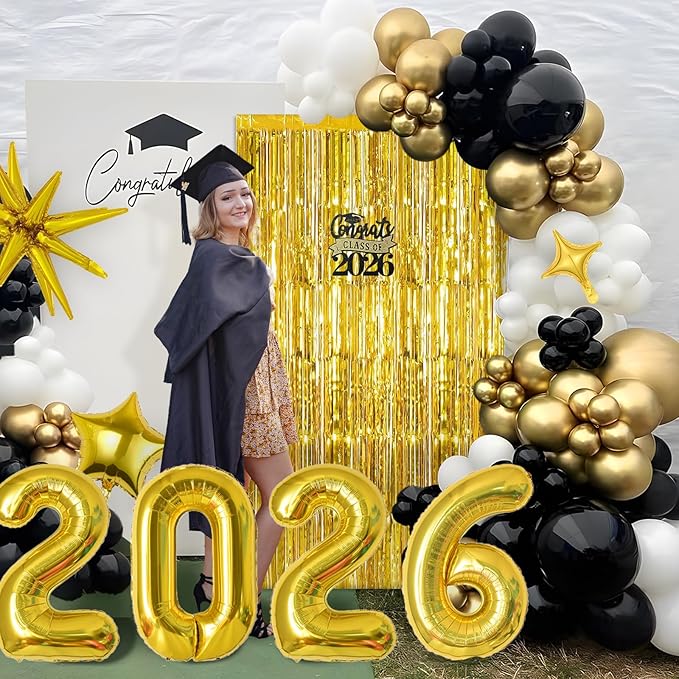 Graduation Balloon Garland Arch Kit for Graduation Decorations Class of 2026 - Black Gold and White Balloons Different Sizes 5 12 18 Inch Graduations Balloons Arch for Grad Party Supplies
