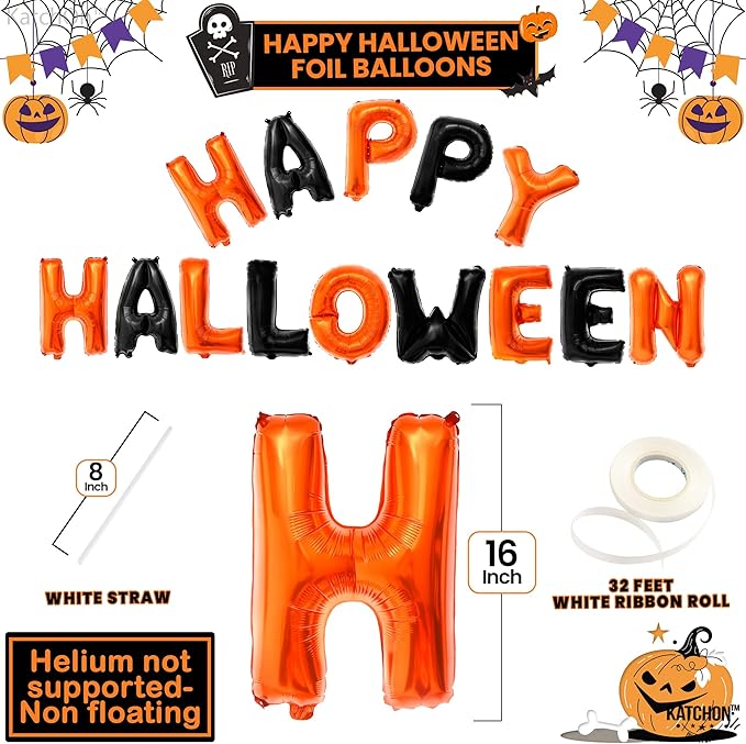 KatchOn, Happy Halloween Banner Balloons – 16 Inch, Pack of 14 | Orange and Black Foil Letters | Spooky Balloon Banner, Halloween Decor, Haunted House Decorations | Spooky One Birthday Decorations
