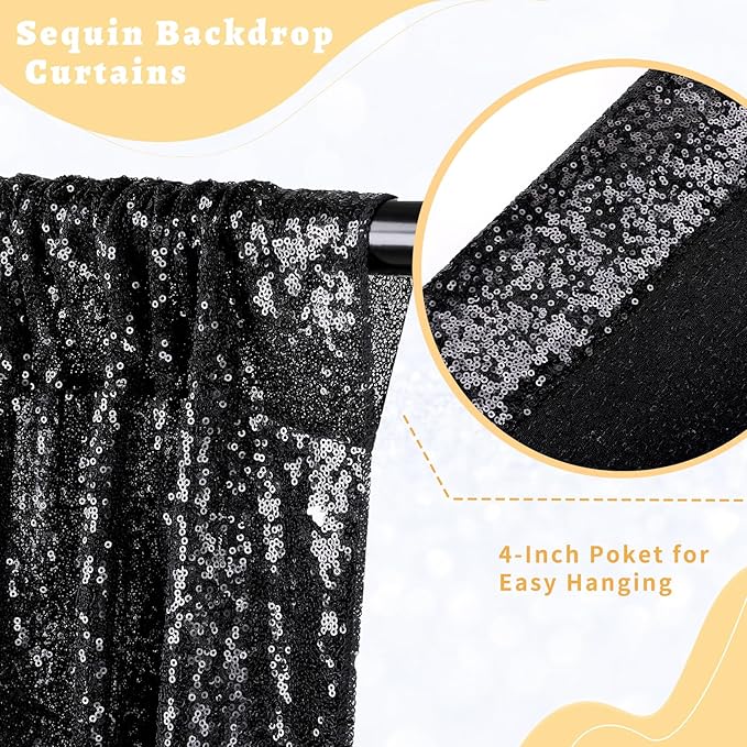 B-COOL Black Sequin Backdrop Curtains 2 Packs 3.3ftx8ft Sparkle Backdrop Fabric Glitter Background Drapes for Party Ceremony Wedding Birthday Decoration