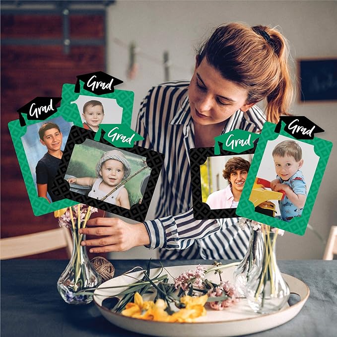 Green Grad Graduation Decoration, Photo Display Centerpiece Kit - 15 Double-Sided Photo Table Topper Sticks, Vertical and Horizontal 4x6 Picture Holders, DIY Party Supply Set