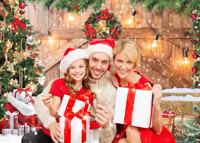 CYLYH 10x8FT Christmas Barn Wood Door Photography Backdrop Xmas Tree Snow Gift Wall Floor Party Photo Background for Holiday New Year Party Banner Family Holiday Party Supplies D554