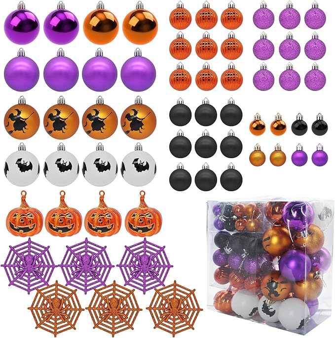 61PCS Halloween Tree Ornaments Ball Hanging Decorations Pumpkin Bat Witches Spider Halloween Decor Home Decor Indoor for Party Holiday
