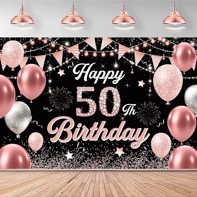 50th Birthday Decorations for Women - Happy 50th Birthday Banner Decorations Cheers to 50 Years Birthday Party Indoor and Outdoor Decoration Suppiles Pink Backdrop for 50th Birthday Party Favors Decor